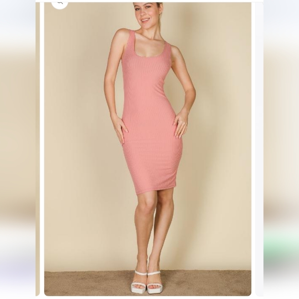 NWT capella Pale Pink Ribbed Back Slit Bodycon Midi Dress ~sz Med